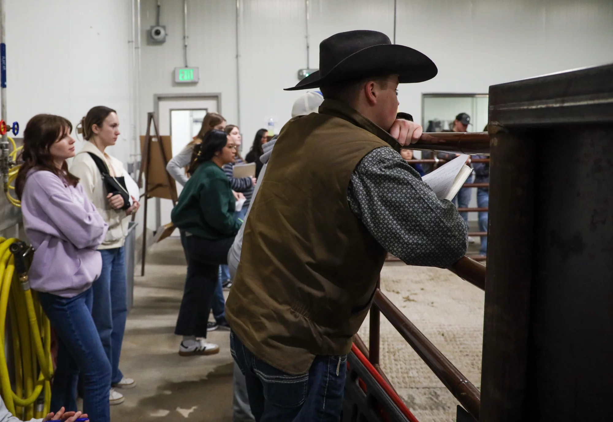 Colorado State University freshman Harrison Falborn examines a live hog during his animal science lab. Photo: Carly Rose, Rocky Mountain PBS