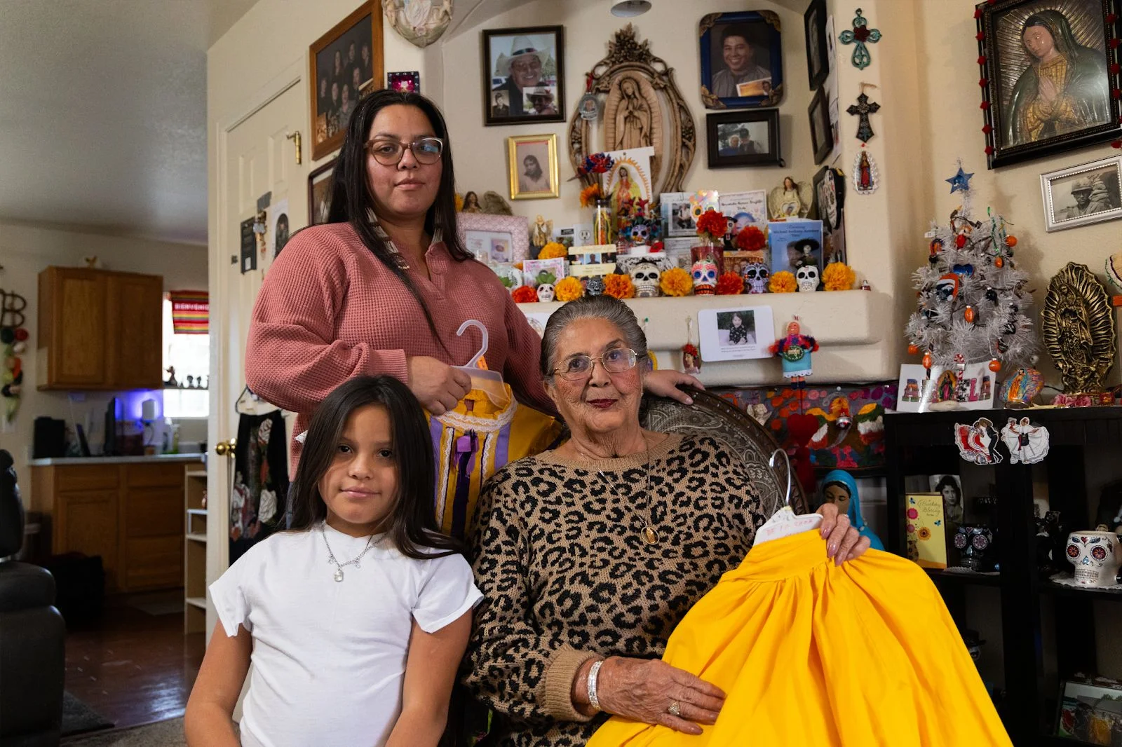 Though not blood-related, both Danae Torres (standing left) and Fabiana Torres (sitting left) only refer to Connie Benavidez as “Grandma.” Photo: Chase McCleary, Rocky Mountain PBS