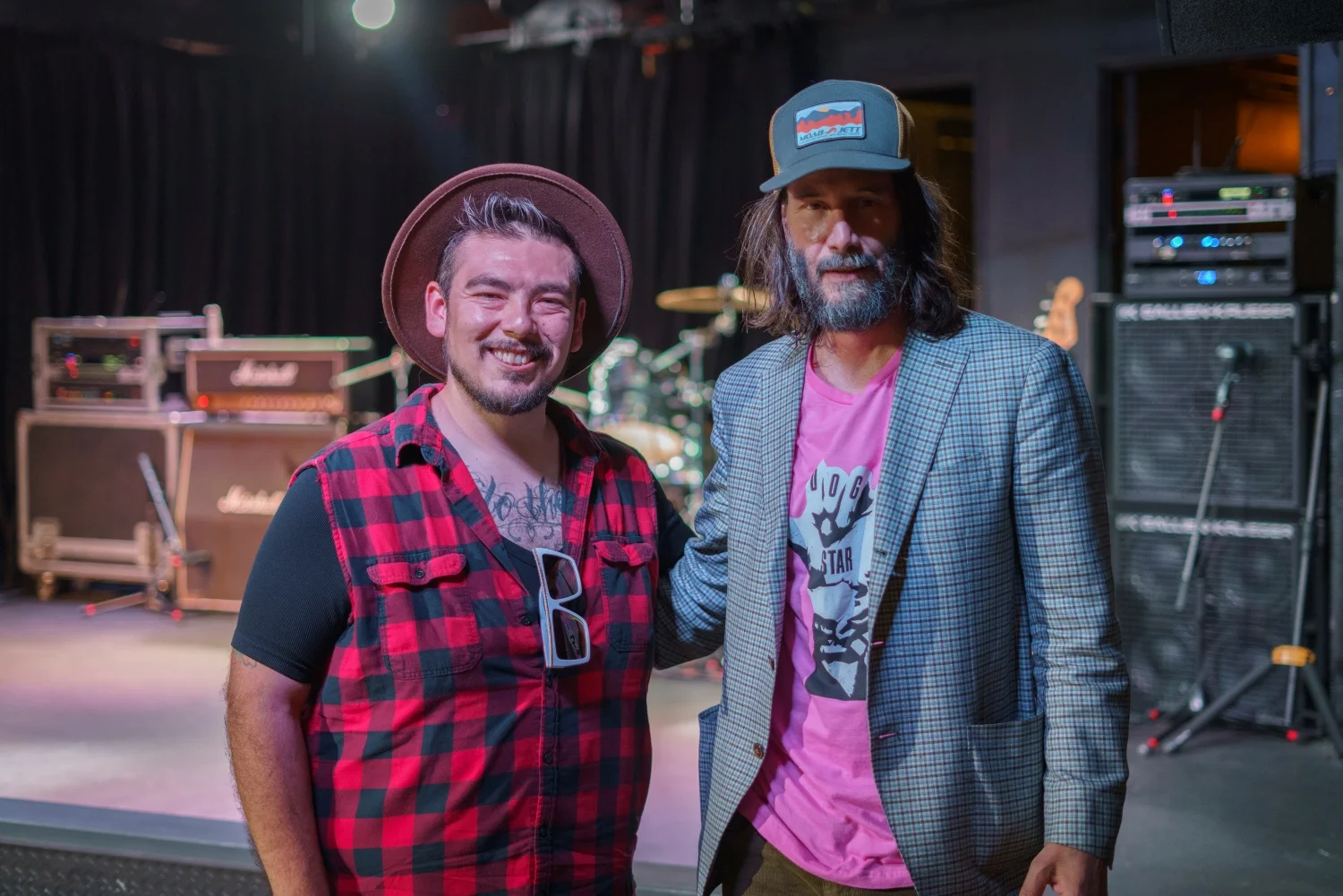 Mike Trujillo with Keanu Reeves at the Marquis Theatre in August 2023. Photo courtesy Jason Reschka