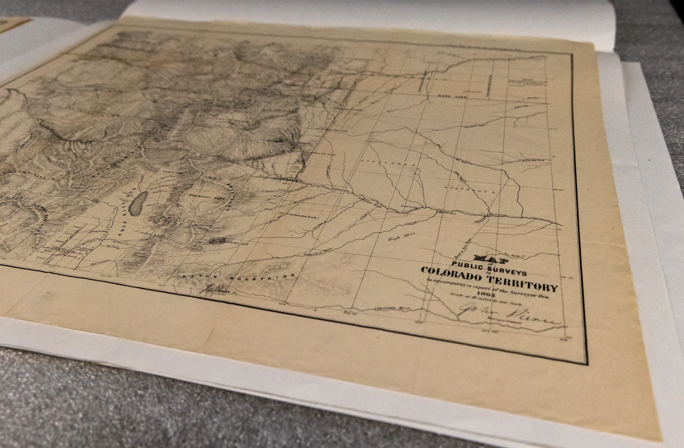 A map of Colorado’s territory in 1863 from History Colorado’s collection; Object ID: G4310 1863.C36. The territory’s southern border cut into New Mexico’s territory and annexed a large Latino population into southern Colorado. Photo: Carly Rose, Rocky Mountain PBS