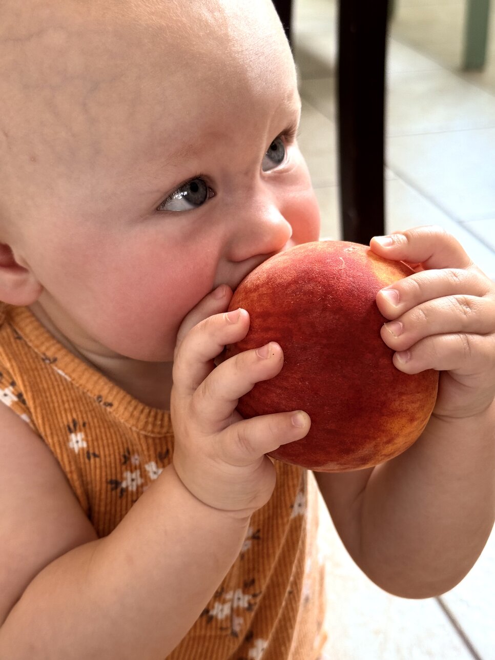 Astrid eating a fresh peach 