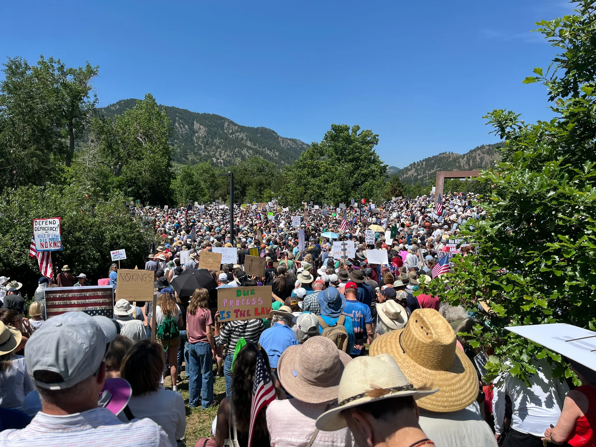 Thousands gathered at the "No Kings" protest in Boulder. Photo: Lucas Brady Woods, KUNC