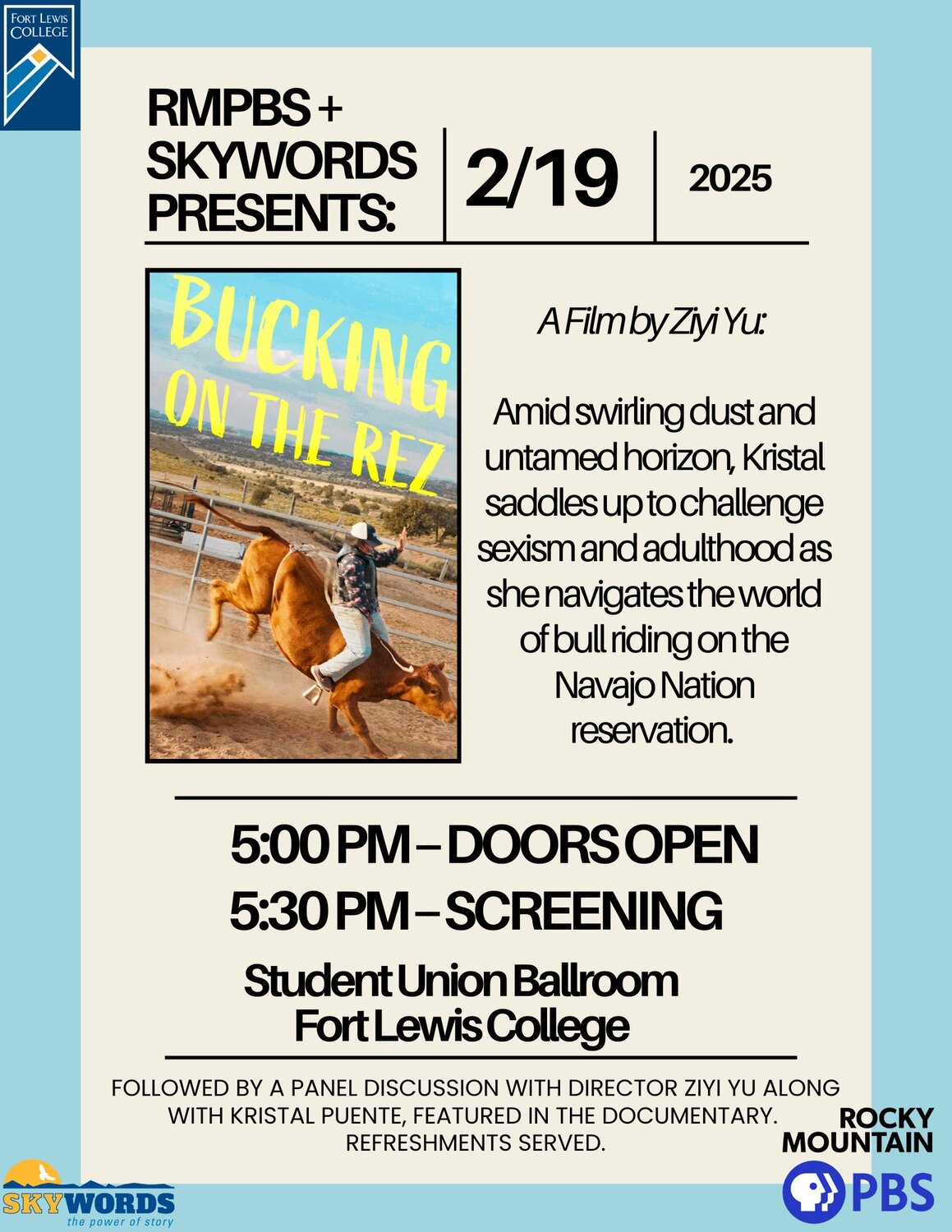 A poster for Bucking on the Rez: Film & Discussion event