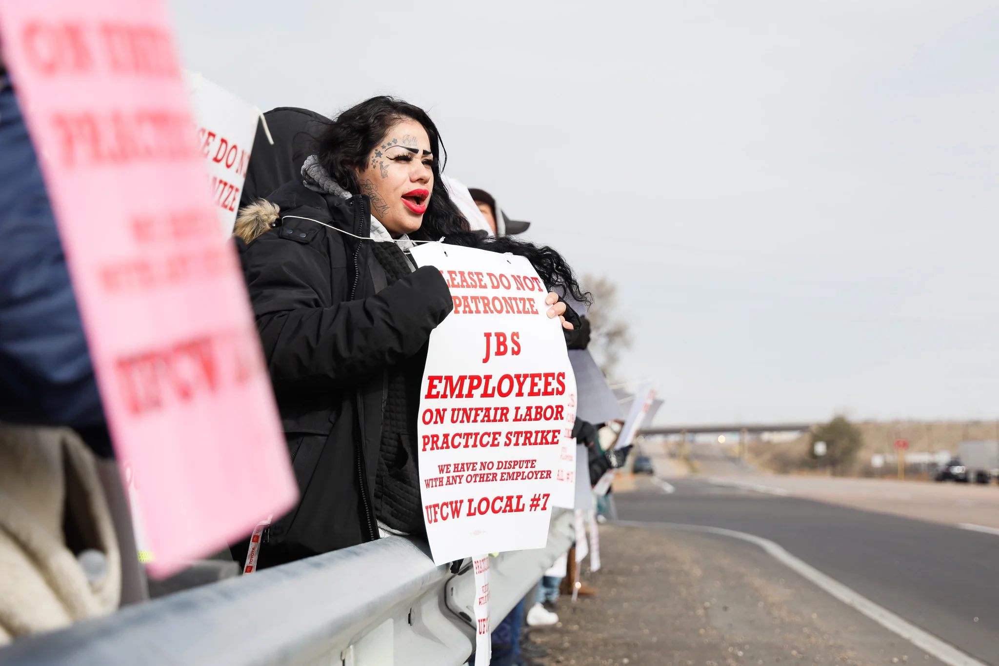 Olga Marrufo strikes alongside fellow workers at the JBS meatpacking plant in Greeley. Photo: Cormac McCrimmon, Rocky Mountain PBS