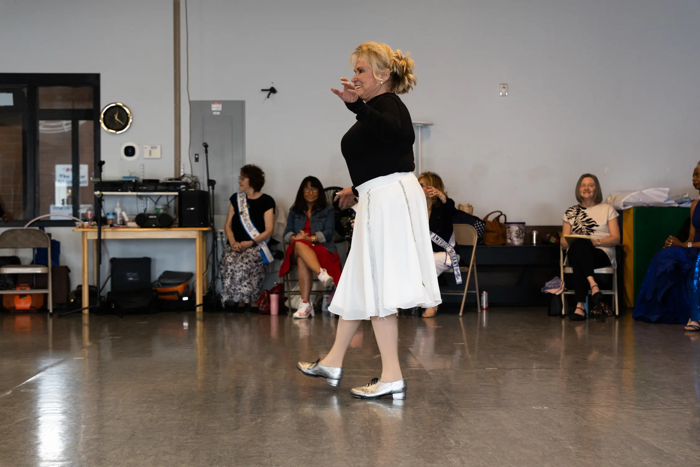 Charlie Myers practices her talent — a tap dancing routine — at rehearsal before the pageant. Photo: Carly Rose, Rocky Mountain PBS