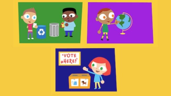 Kids graphics of recycling, the earth, and voting