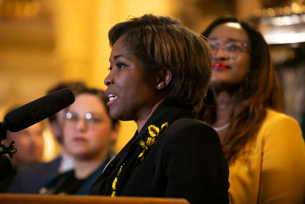 State Rep. Junie Joseph speaks as legislators and advocates hold a press conference inside the Colorado State Capitol to decry President Trump's new immigration policies. Jan. 22, 2025. Photo: Kevin Beaty, Denverite