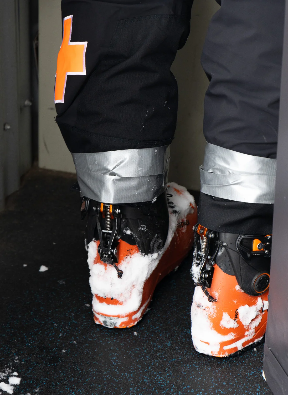 Outfit of the day: many bootpackers use duct tape around their pant cuffs to keep snow out. Photo: Cormac McCrimmon, Rocky Mountain PBS