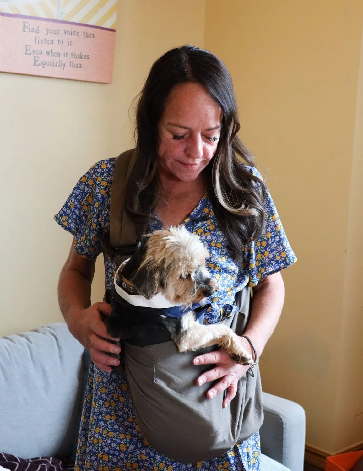 State Sen. Faith Winter, D-Westminster, and her dog, Queso, in Winter’s office at the Colorado Capitol. Photo: Carly Rose, Rocky Mountain PBS
