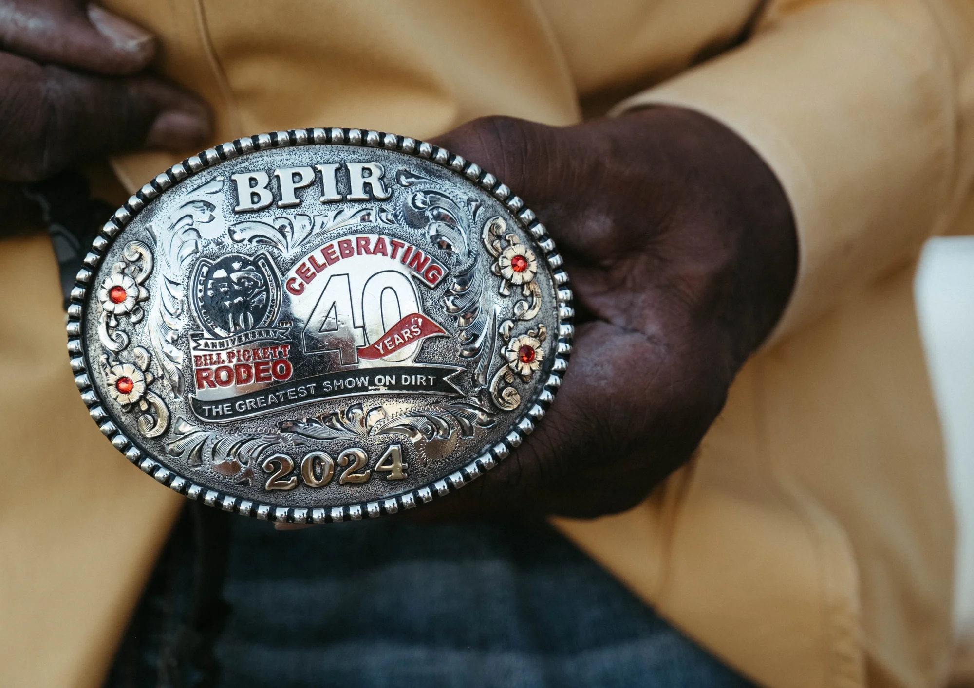 The Bill Pickett belt buckle that Wade wears. Photo: Peter Vo, Rocky Mountain PBS