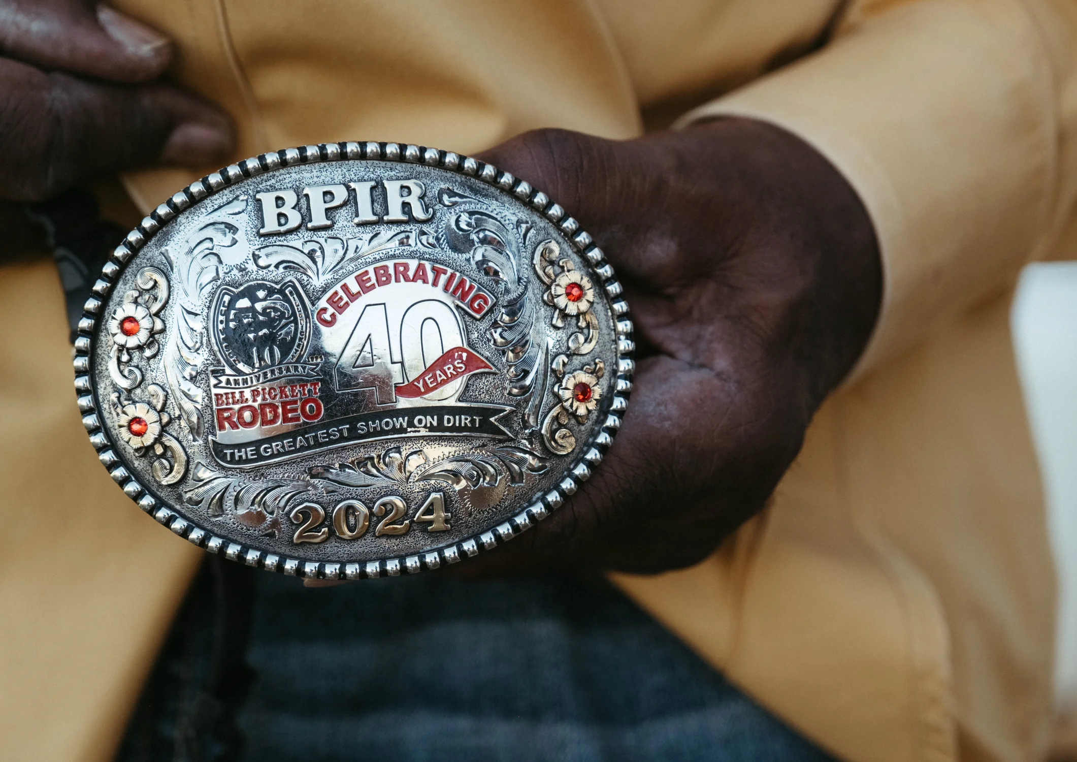 The Bill Pickett belt buckle that Wade wears. Photo: Peter Vo, Rocky Mountain PBS