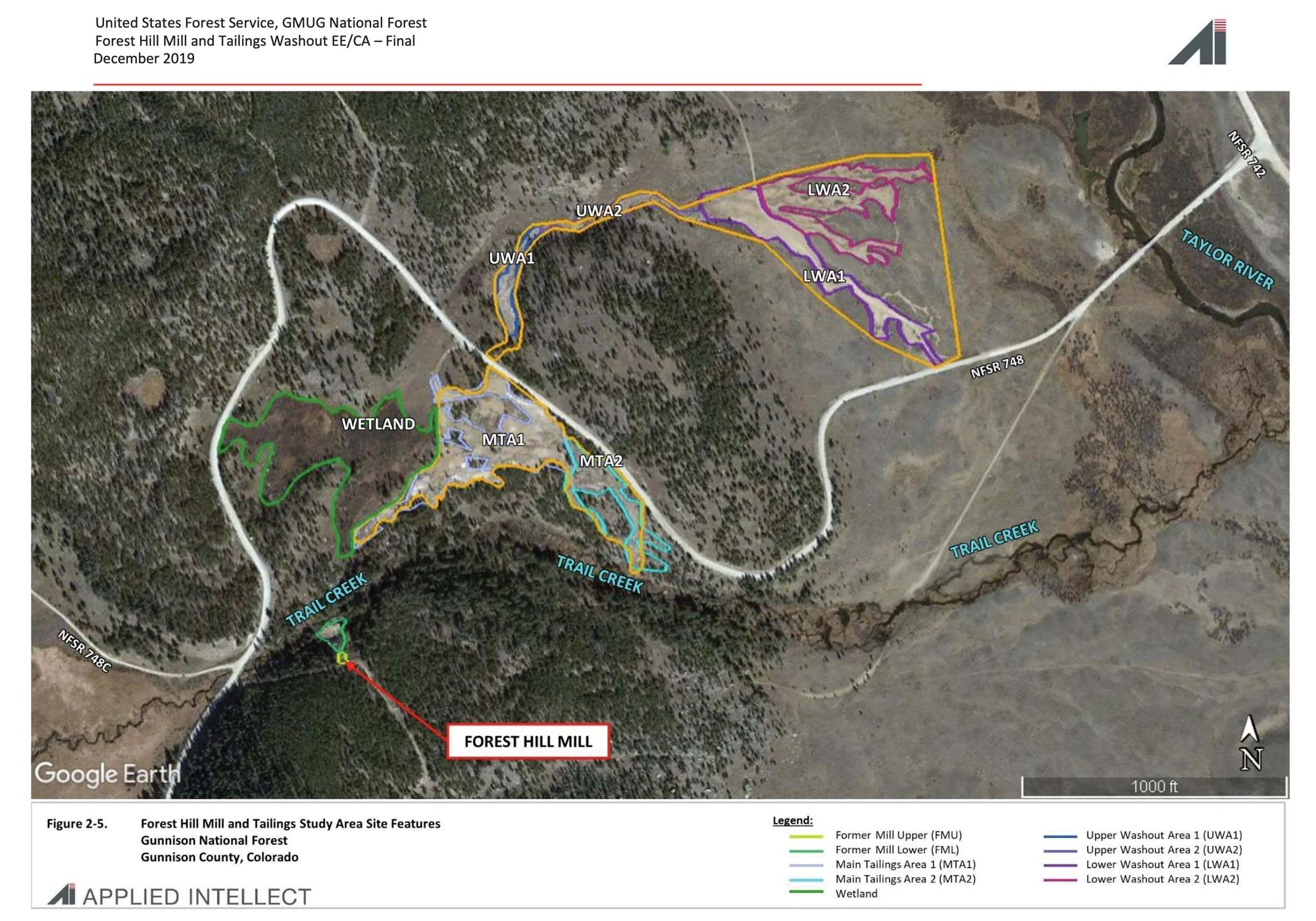 Map showing where mill tailings have washed down the landscape near Trail Creek and the Taylor River above Taylor Park Reservoir. Screenshot from USFS site evaluation document.