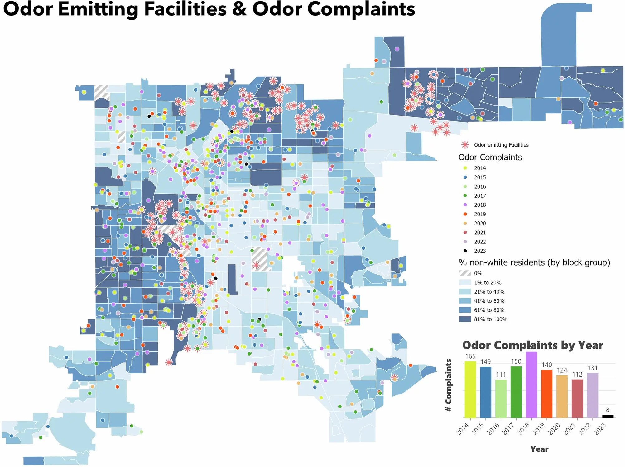 A map created by the researchers shows the location of odor complaints in relation to odor-emitting facilities. Courtesy: Priyanka deSouza