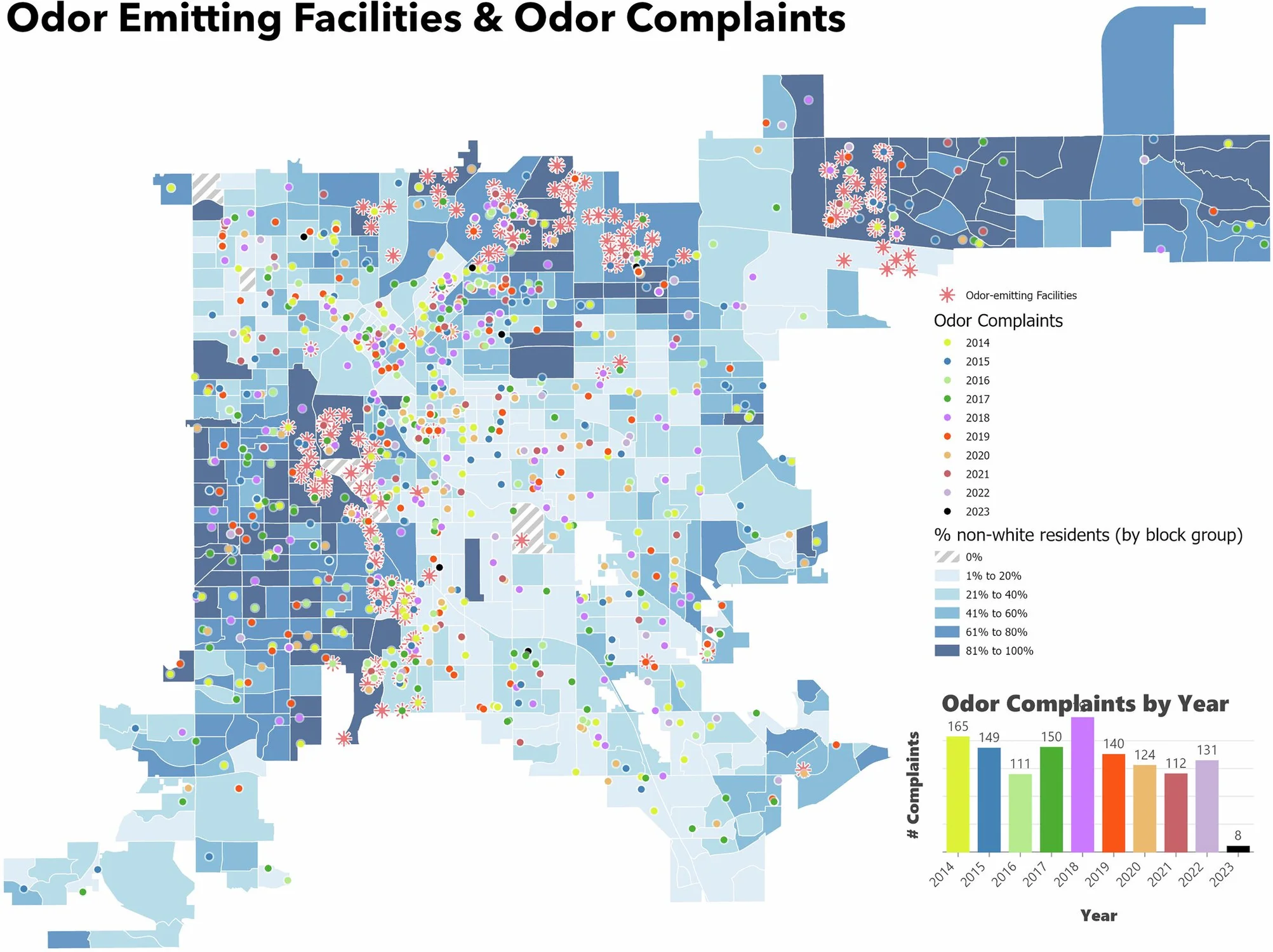 A map created by the researchers shows the location of odor complaints in relation to odor-emitting facilities. Courtesy: Priyanka deSouza