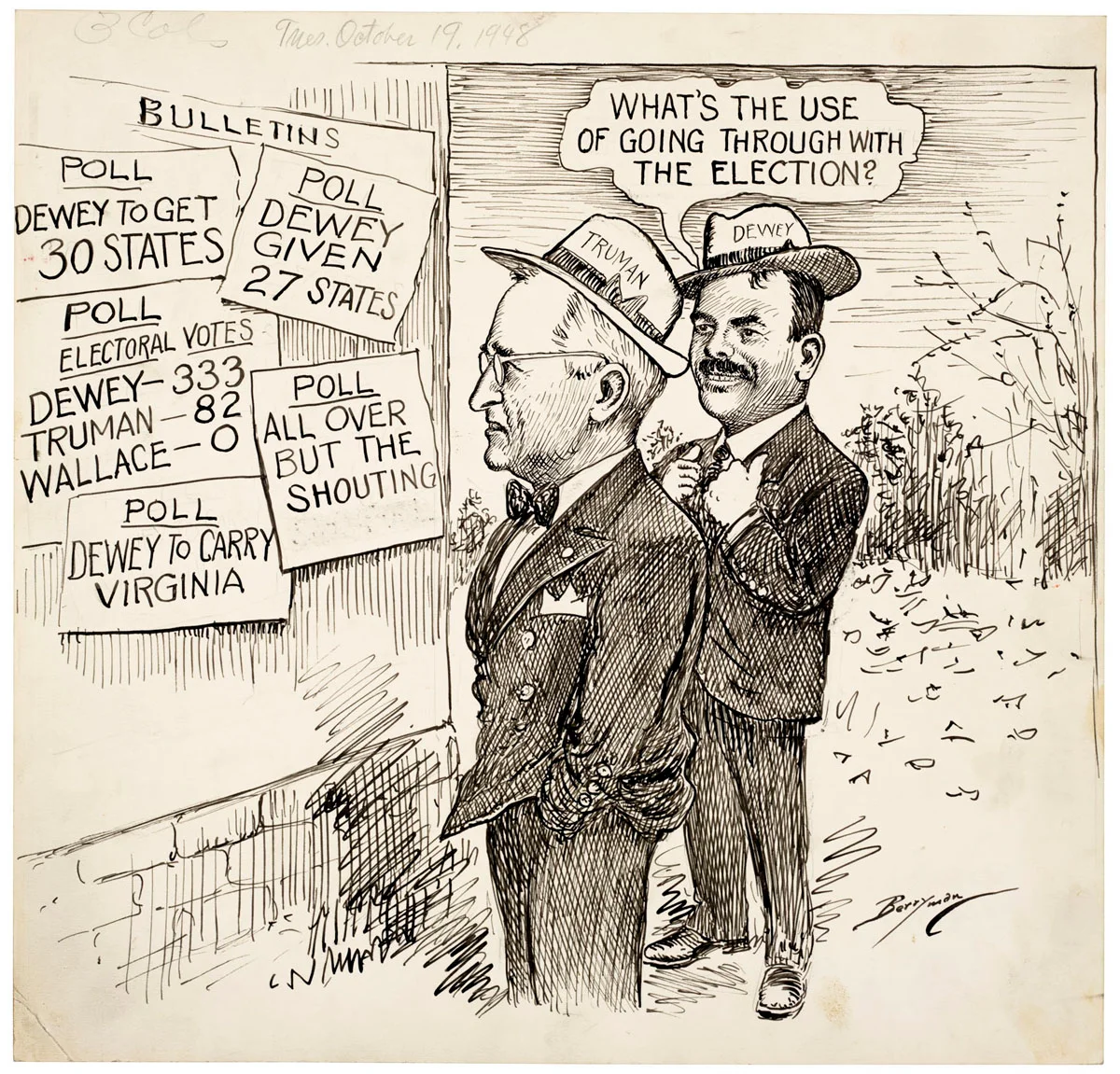 A cartoon depicting the 1948 presidential election between Democratic President Harry S. Truman and Republican Thomas Dewey. Despite several polls predicting a landslide victory for Dewey, Truman won the election in one of the biggest and most well-known political upsets in U.S. history. Photo courtesy Clifford Kennedy Berryman, National Archives