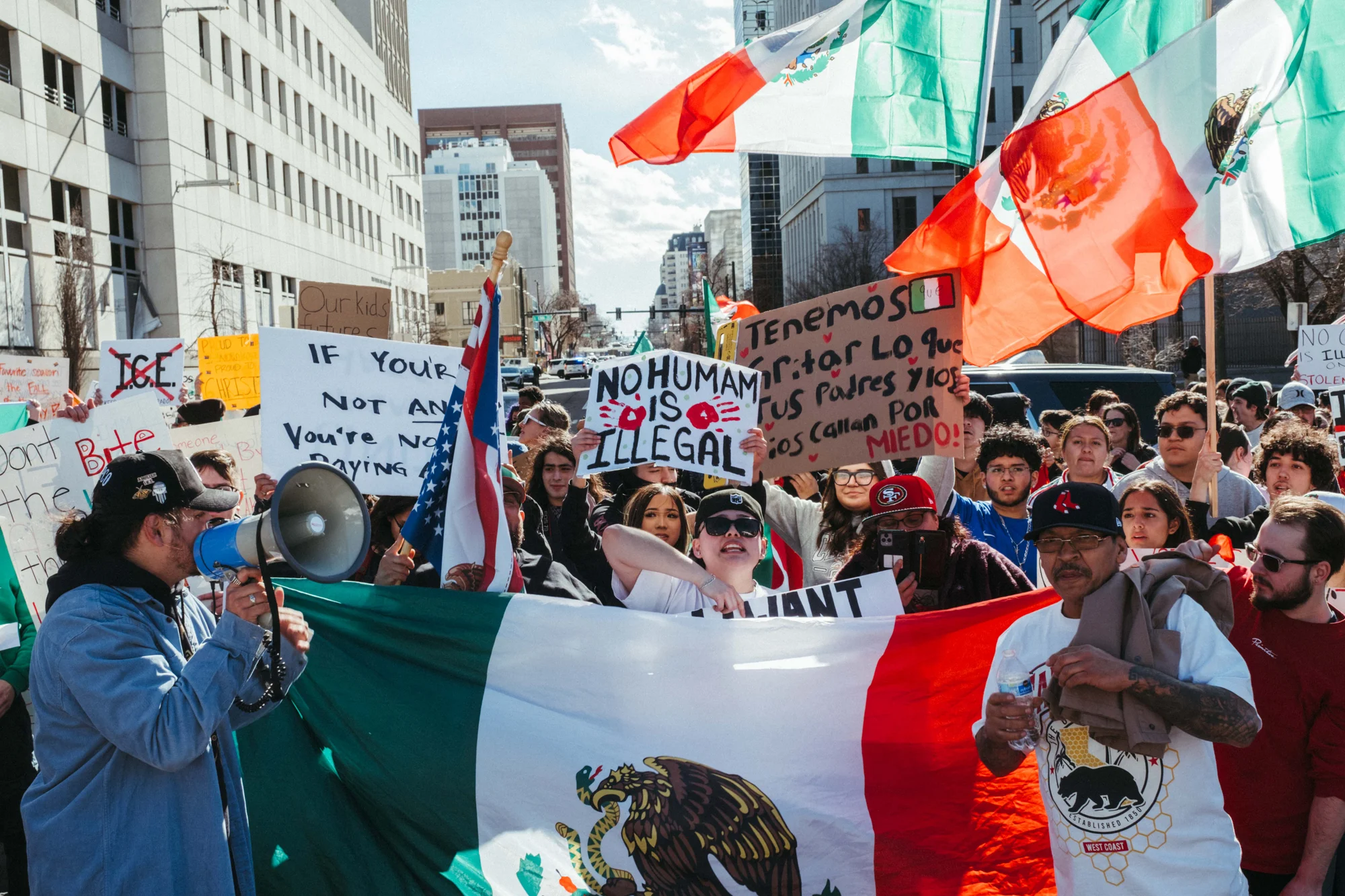 The protest at the Capitol included groups marching on Broadway and Lincoln Street. Photo: Peter Vo, Rocky Mountain PBS