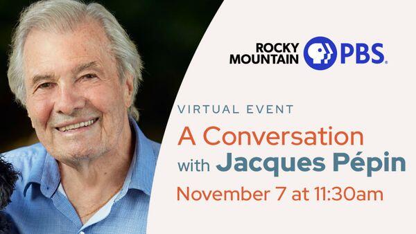 A poster for A Conversation with Jacques Pépin event