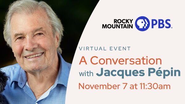 A poster for A Conversation with Jacques Pépin event