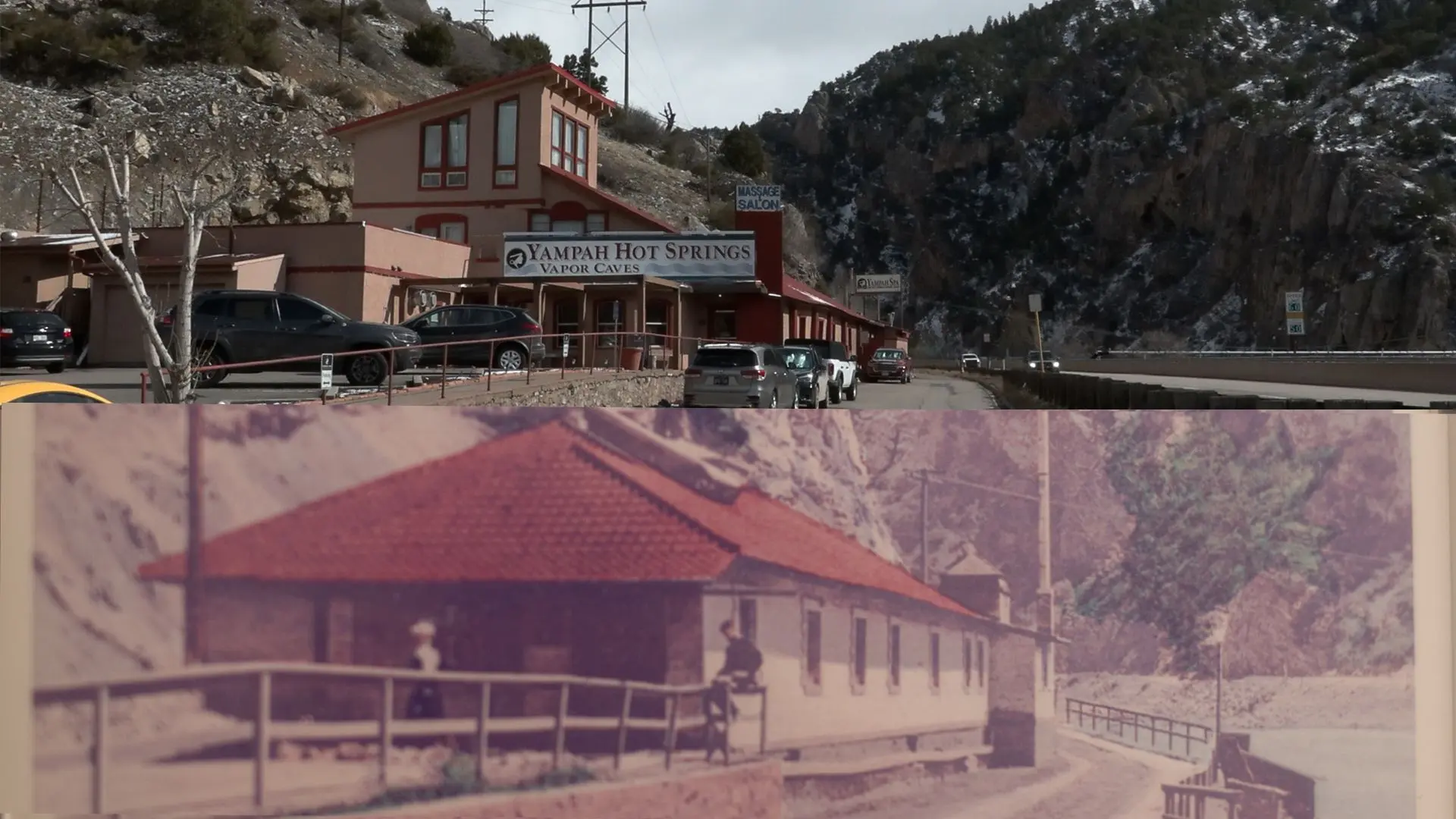 The business in 2025, top, and in the last century. The undated bottom photo hangs inside Yampah Spa and Vapor Caves, showing the original building that’s been added to over its 100 plus years in business. Illustration: Joshua Vorse, Rocky Mountain PBS
