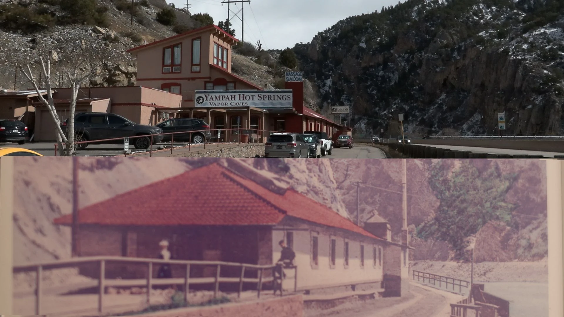 The business in 2025, top, and in the last century. The undated bottom photo hangs inside Yampah Spa and Vapor Caves, showing the original building that’s been added to over its 100 plus years in business. Illustration: Joshua Vorse, Rocky Mountain PBS