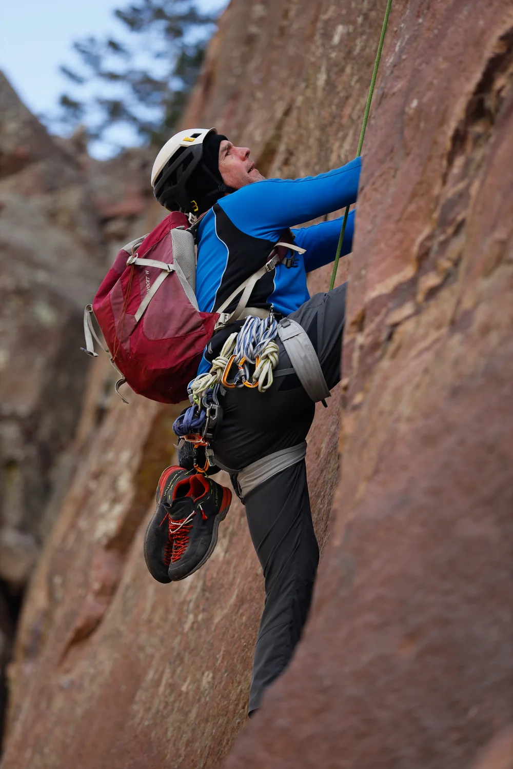 Climber Evan Gallegos negotiates his way up the Northcutt Start at Eldorado Canyon State Park. The park is popular with rock climbers. Photo: Cormac McCrimmon, Rocky Mountain PBS
