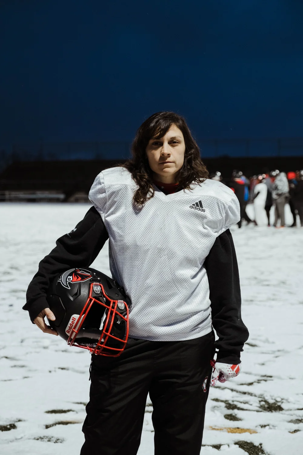 Elizabeth Engledrum, 38, plays running back and linebacker for the Denver Bandits. Engledrum enjoys contact sports and played rugby for most of her life, and she enjoys the strategic and team aspects of football. Photo: Peter Vo, Rocky Mountain PBS