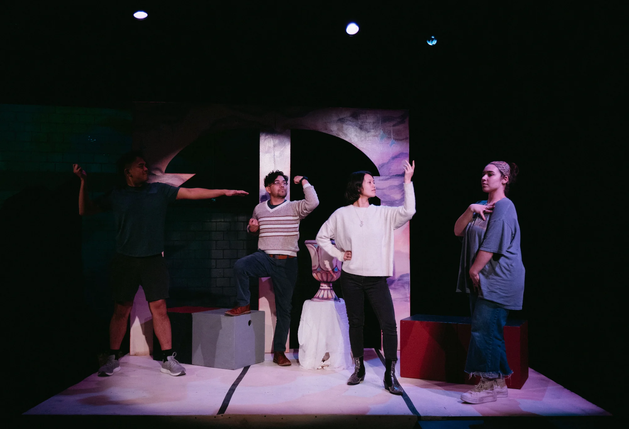 From left to right: Neil Soriano Isales, Jr, Fabian Vasquez, Maria Cina, Izzy Chern pose on stage as the Greek Gods. Photo: Peter Vo, Rocky Mountain PBS