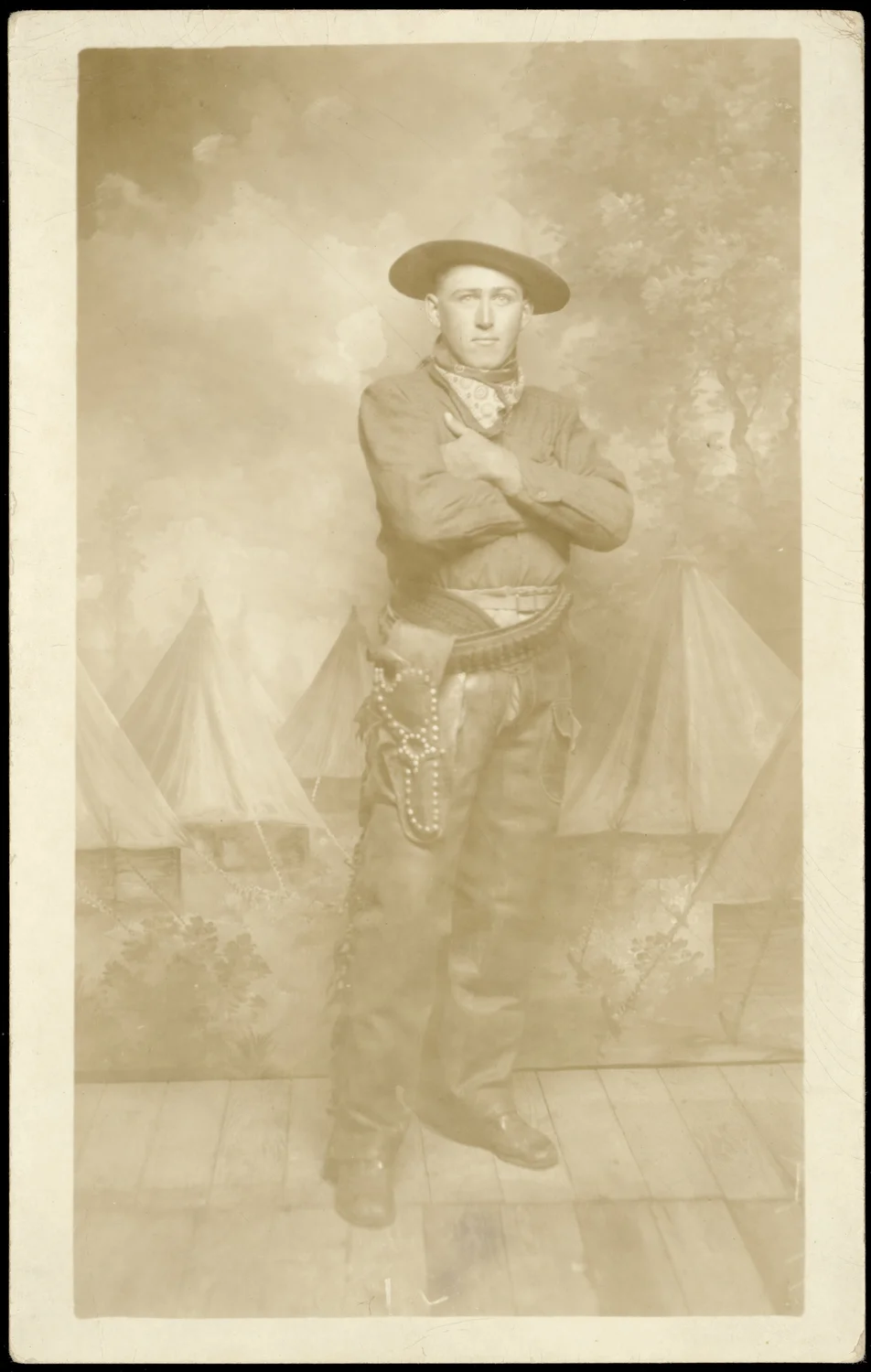 A cowboy with Buffalo Bill’s Wild West Show and the Sells Floto Circus photographed between 1910 and 1917. He wears cowboy boots and leather chaps with fringe. Photo courtesy the Denver Public Library Digital Collection