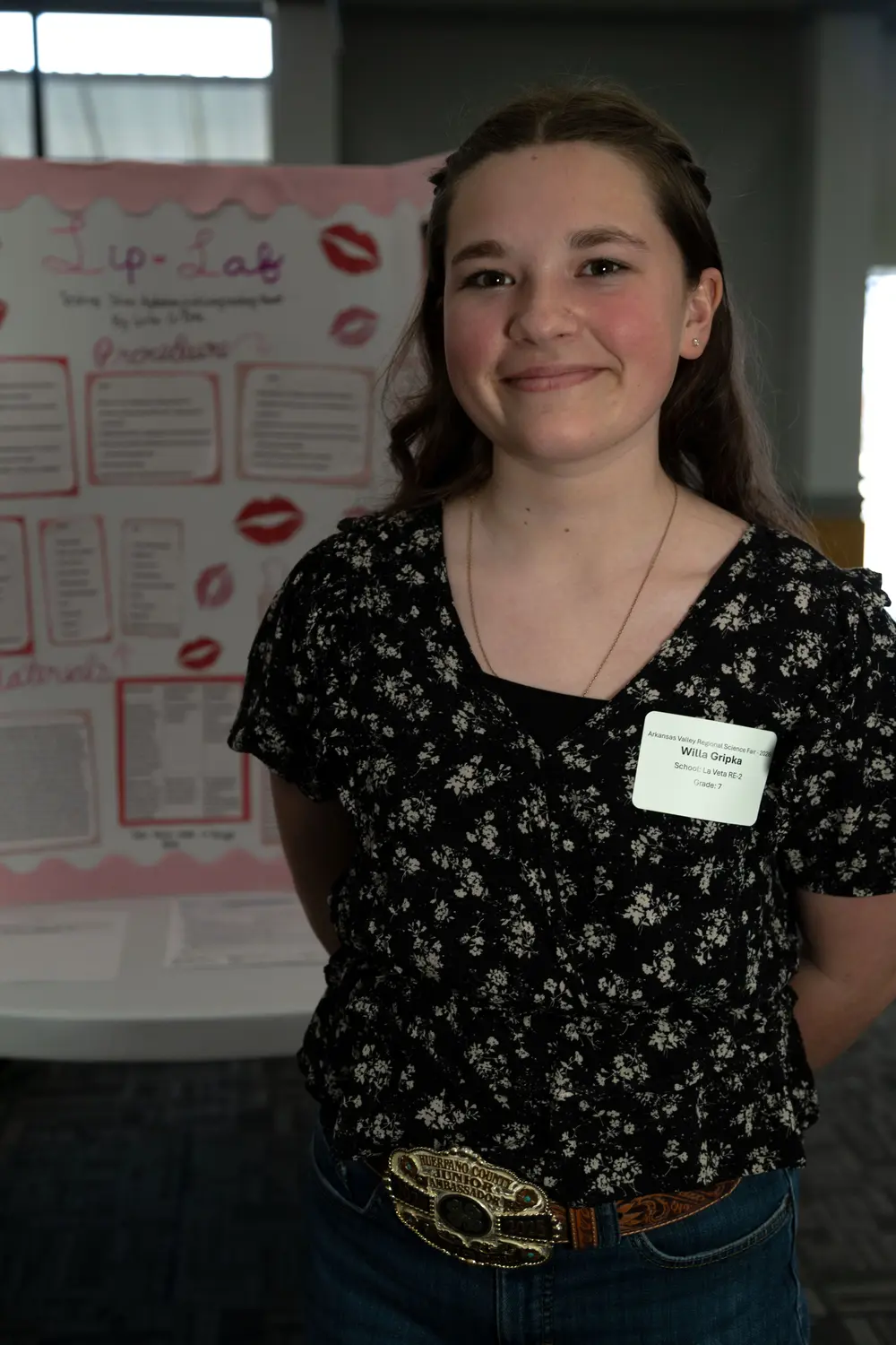 Willa Gripka, a seventh grader from La Veta, hypothesized that lip balm was going to be the most hydrating, lip oil was going to be the shiniest, and lip gloss was going to be the longest lasting. She found that lip balm is the longest lasting and the most hydrating. Gripka won first place in her class (6th-8th grade). Photo: Chelsea Casabona, Rocky Mountain PBS