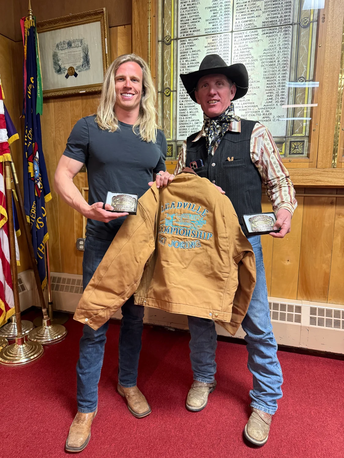 Bryson Threatt, left, with Patrick Smith, right, after being crowned the Leadville ski joring sport division champions. Photo courtesy Meg Fuller