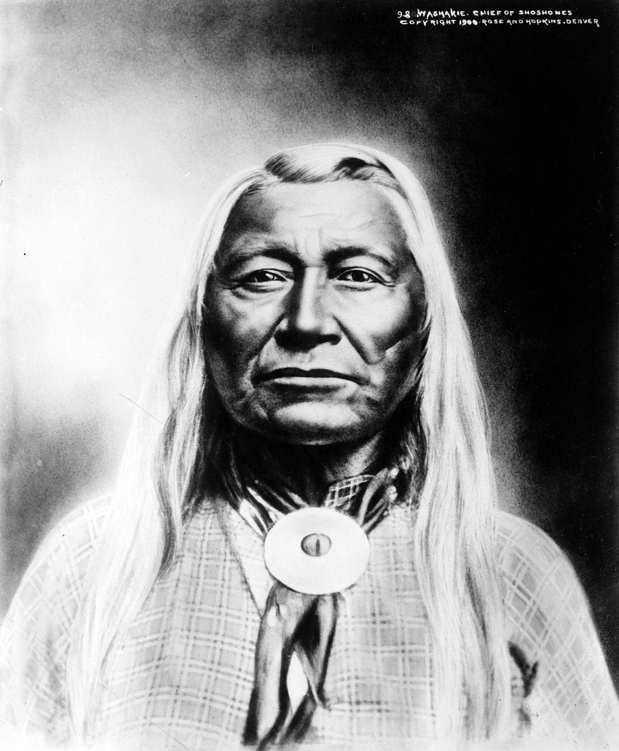 Portrait of Shoshone Chief Washakie wearing a bandana in the bolo tie-style, circa 1900. Photo courtesy the Denver Public Library Digital Collection 