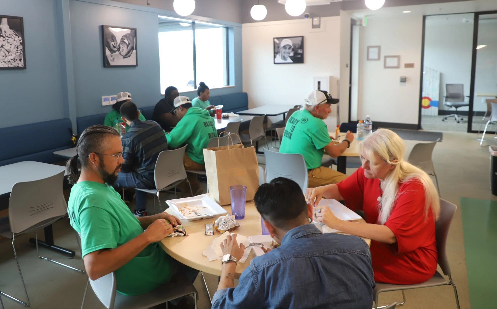 Employees in the ready-to-work program at the Tri-cities Homelessness Navigation Center. Photo: Alec Berg, Rocky Mountain PBS