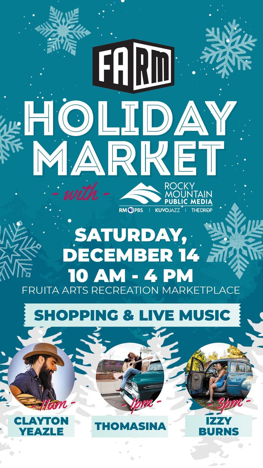 A poster for FARM Fruita Holiday Market with RMPBS event