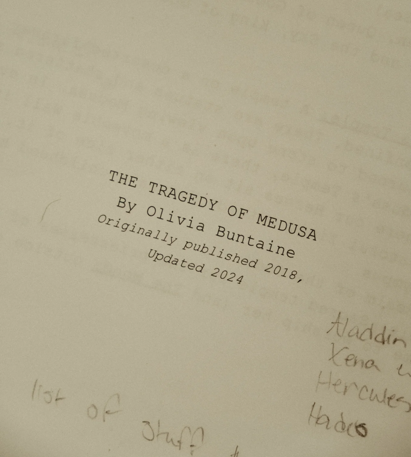 A copy of Olivia Buntaine’s play, “The Tragedy of Medusa.” Photo: Peter Vo, Rocky Mountain PBS