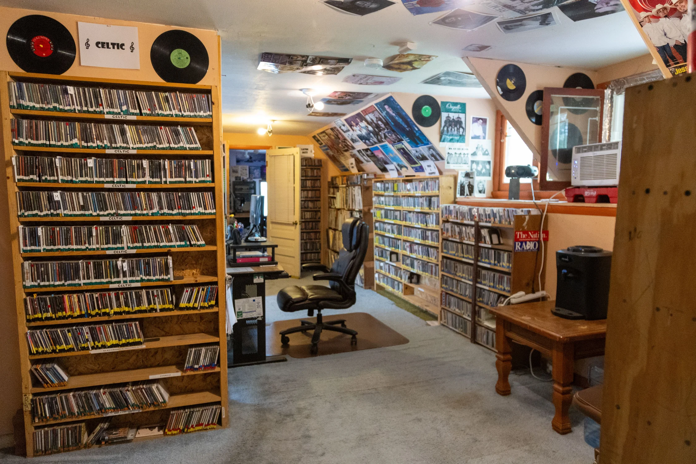 The second floor of KRZA, where volunteer DJ's host their shows, categorize music and program stories to go on air. Photo: Chelsea Casabona, Rocky Mountain PBS