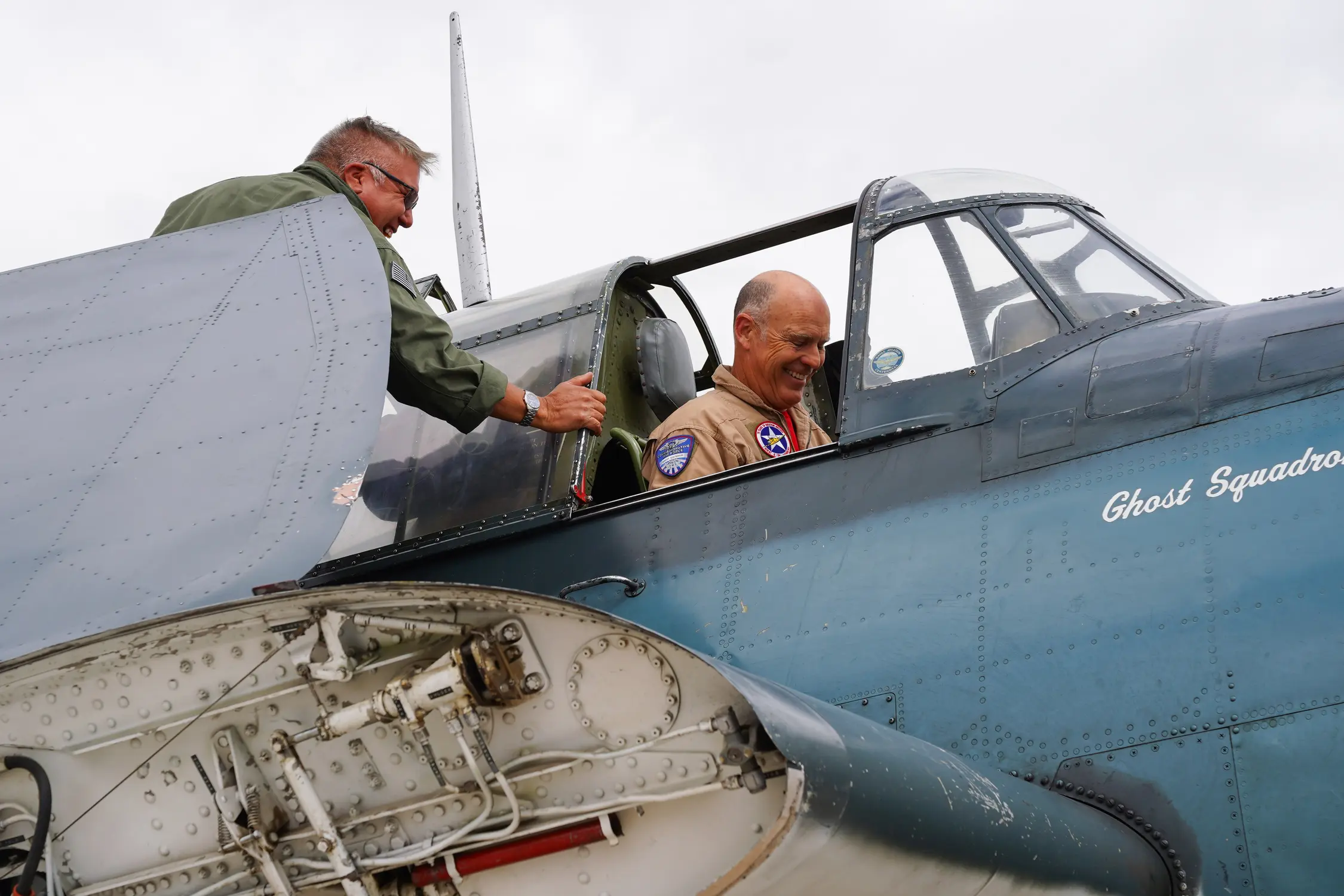 Co-pilot and A&P mechanic G. Marsh, left, talks with pilot Barry Hancock after landing in Grand Junction on May 18. Photo: Joshua Vorse, Rocky Mountain PBS