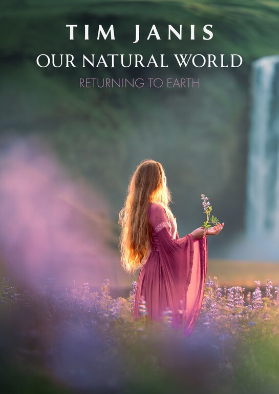 Our Natural World DVD cover, a woman in a flowing dress in a meadow with a waterfall in the background