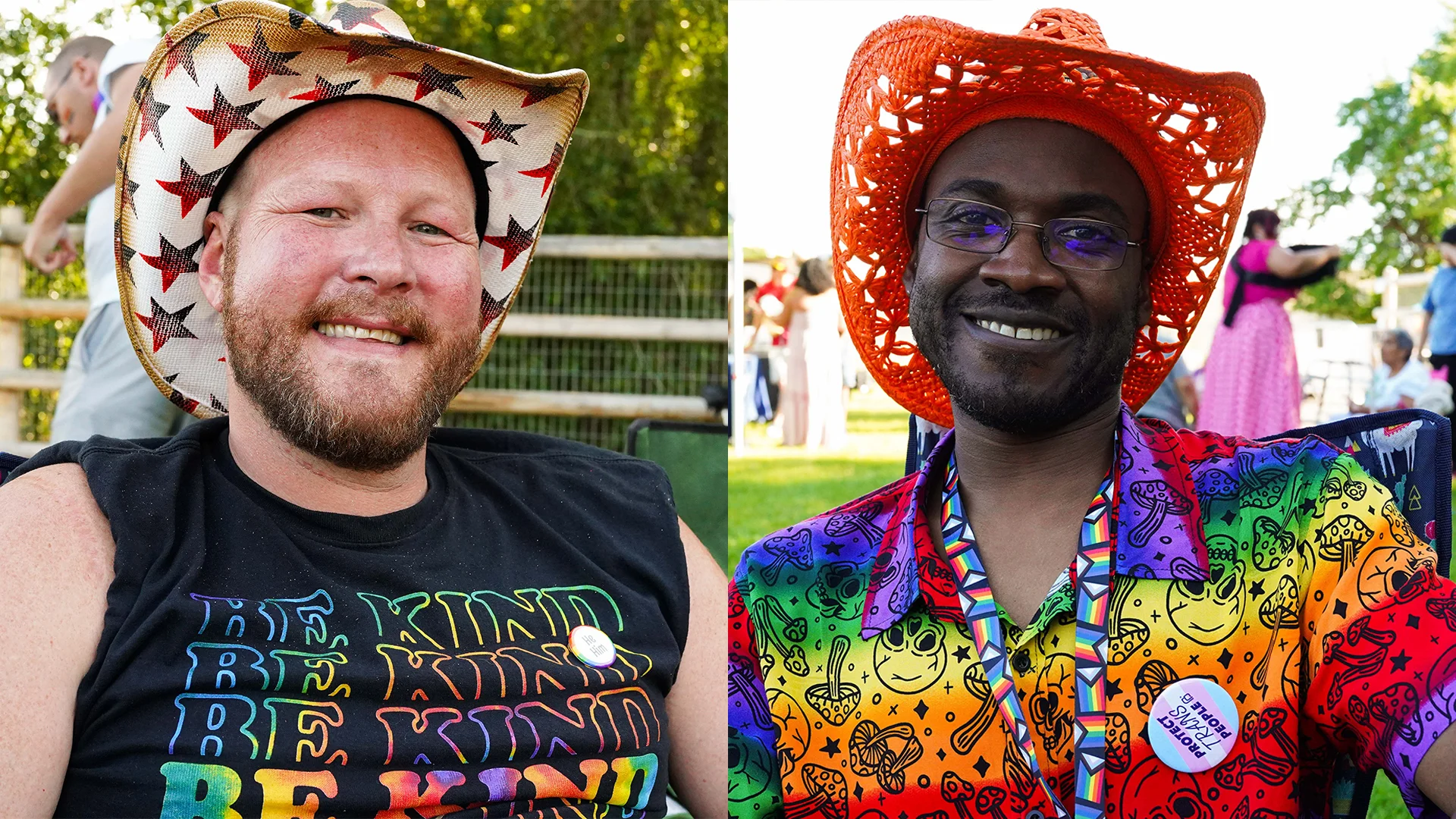 Lucas Foote, left, and West Crosby lounge in their Pride gear at the park. Photo: Joshua Vorse, Rocky Mountain PBS