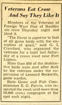 A Rocky Mountain News article about the Boulder VFW members who literally ate crow. Photo courtesy the Colorado Historic Newspapers Collection