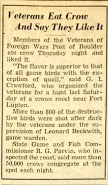 A Rocky Mountain News article about the Boulder VFW members who literally ate crow. Photo courtesy the Colorado Historic Newspapers Collection