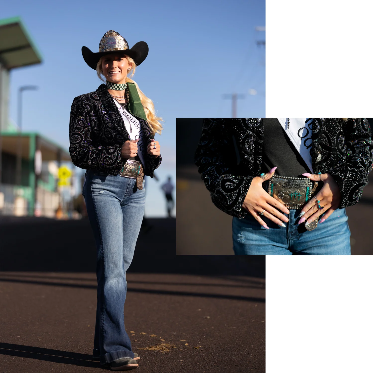 Rodeo queen Maddie Miller of Frederick, Colorado wears 7 jeans, Ariat boots and a sparkling sequin jacket given to her by a former rodeo queen at the Estes Park Rooftop Rodeo. Photo: Cormac McCrimmon, Rocky Mountain PBS
