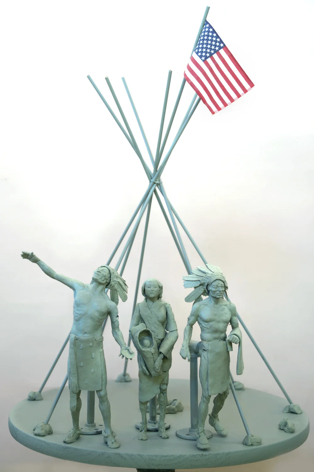 A clay model of the planned Sand Creek Massacre Memorial depicts a Native American woman holding a child and two chiefs under the structure of a tepee. Colorado lawmakers approved the proposal on Monday, April 14, 2025. Photo courtesy Gerald Anthony Shippen, Sand Creek Massacre Foundation