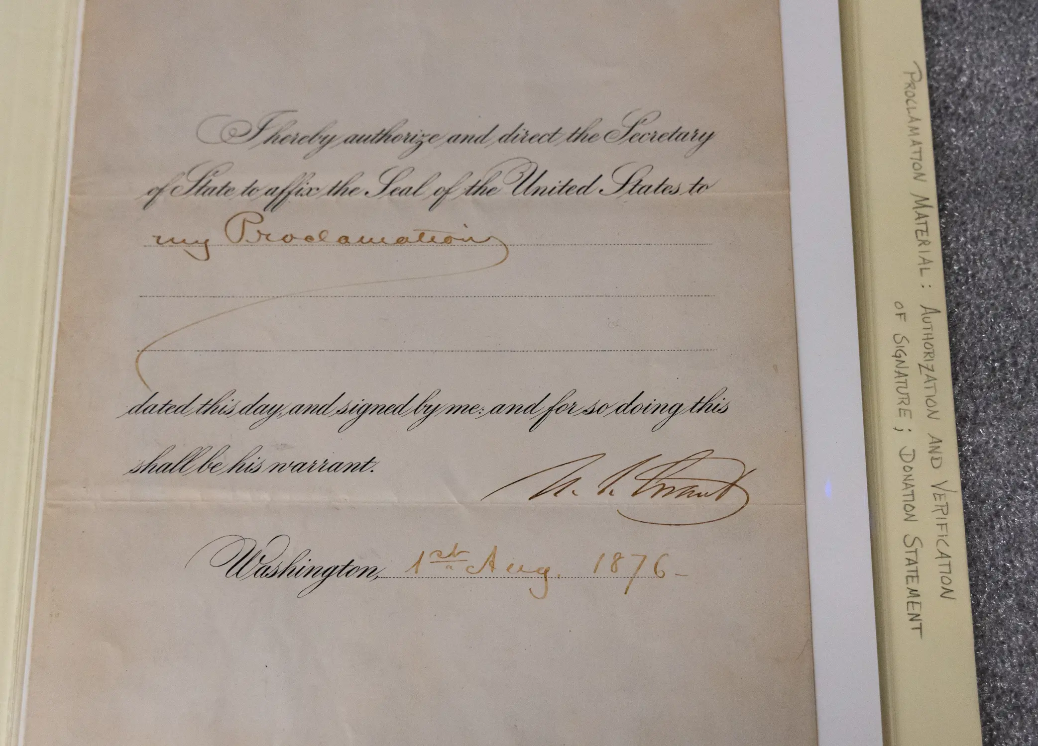 On Aug. 1, 1876, President Ulysses S. Grant signed this proclamation, officially making Colorado a state. Object ID: MSS.716.1. Photo: Carly Rose, Rocky Mountain PBS