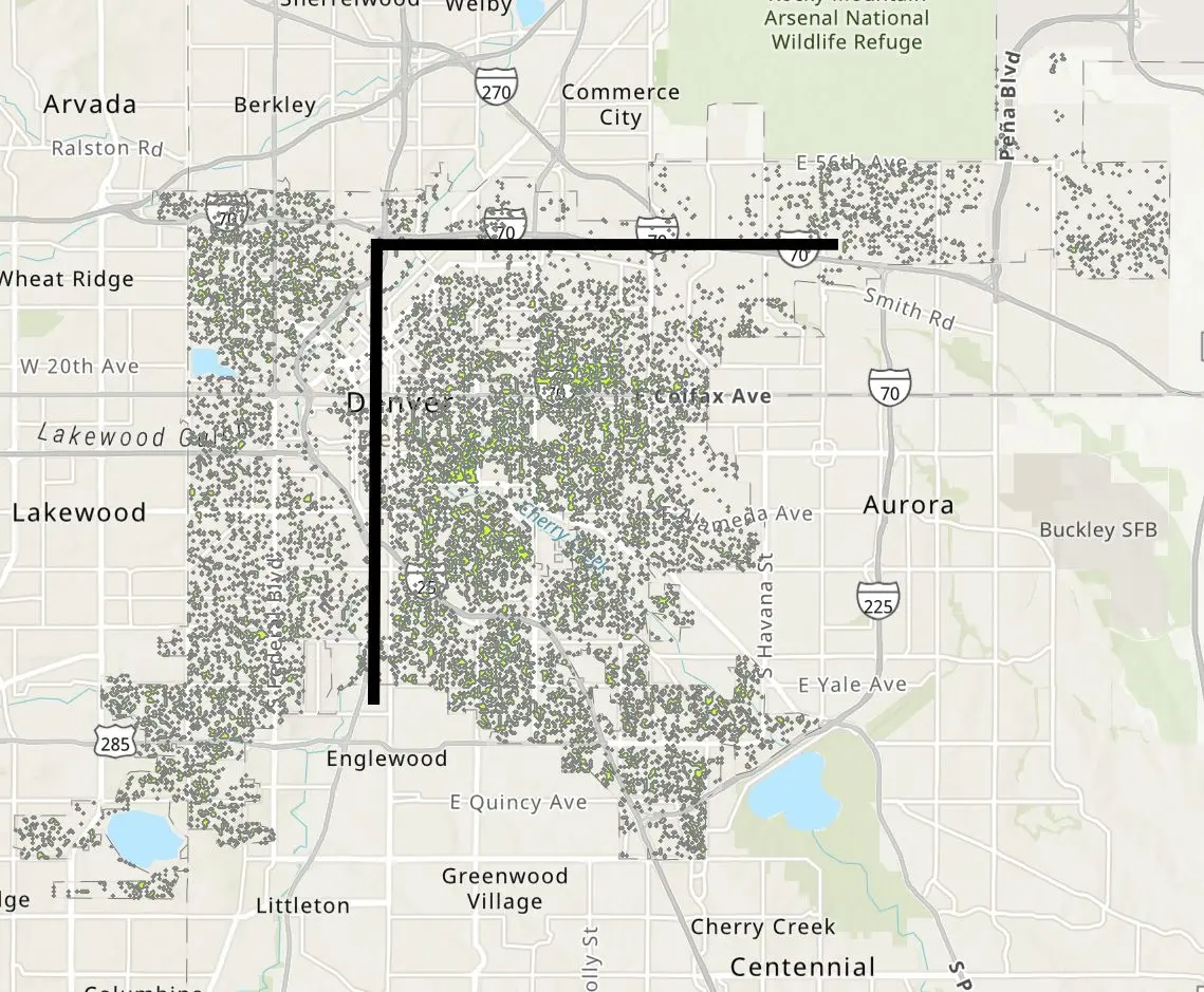 Map of Denver’s 2020 tree canopy from the City and County of Denver’s Open Data Catalog.