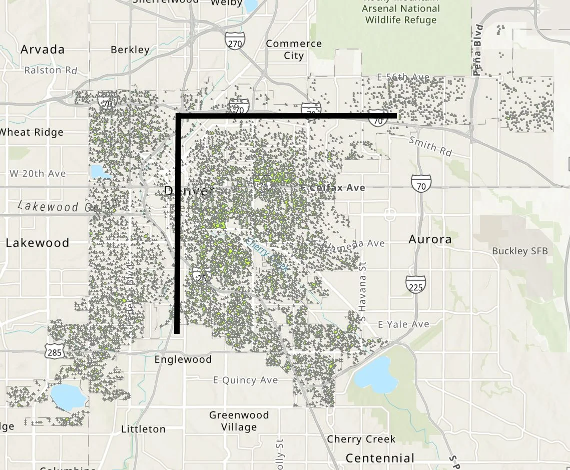 Map of Denver’s 2020 tree canopy from the City and County of Denver’s Open Data Catalog.