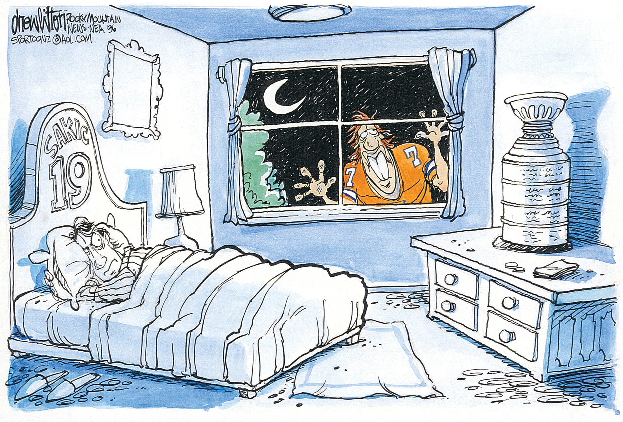 Litton’s drawing of John Elway and Joe Sakic after the Colorado Avalanche won the Stanley Cup in 1996. Simpson has a framed print in his office. Photo courtesy Drew Litton