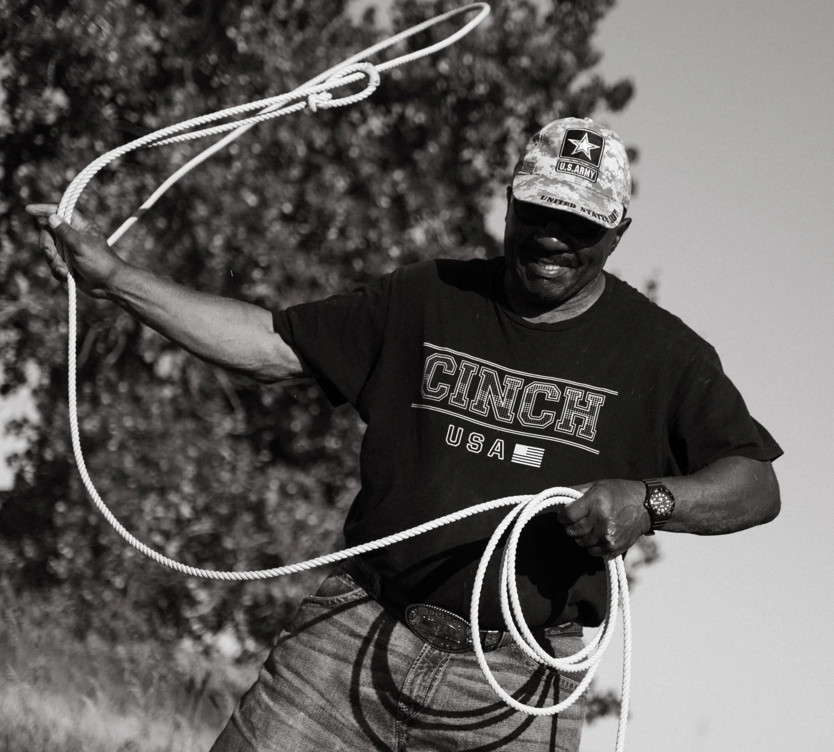 Wade practices roping outside his horse trailer. Photo: Peter Vo, Rocky Mountain PBS