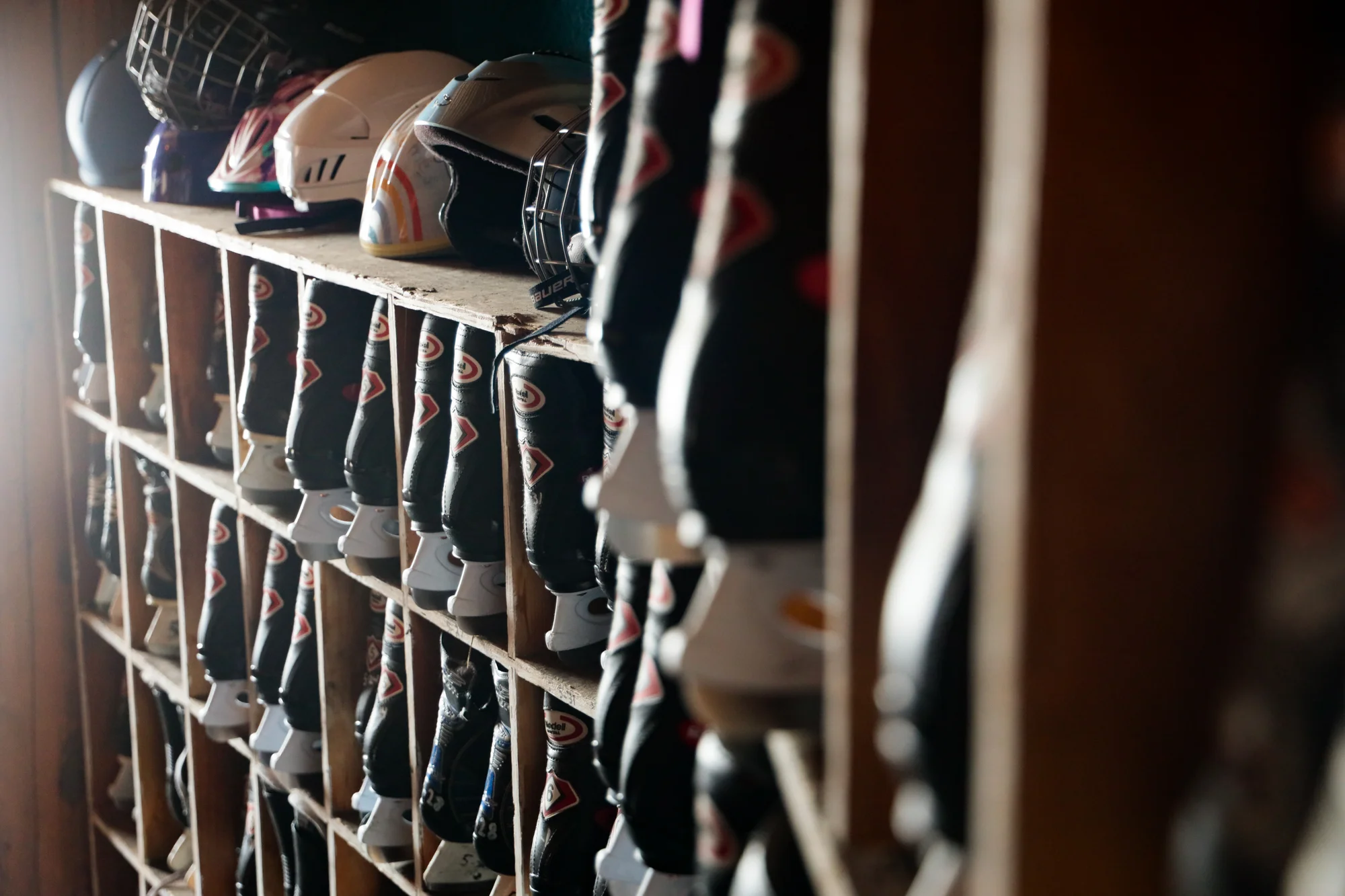 Ice skates at the historic warming hut wait for customers. Photo: Cormac McCrimmon, Rocky Mountain PBS