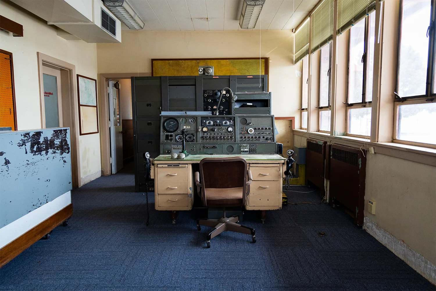 A World War II-era flight service station (nonfunctional) sits in what used to be the control and communications room of the Perry F. Stokes Airport in Trinidad. Photo: Chase McCleary, Rocky Mountain PBS