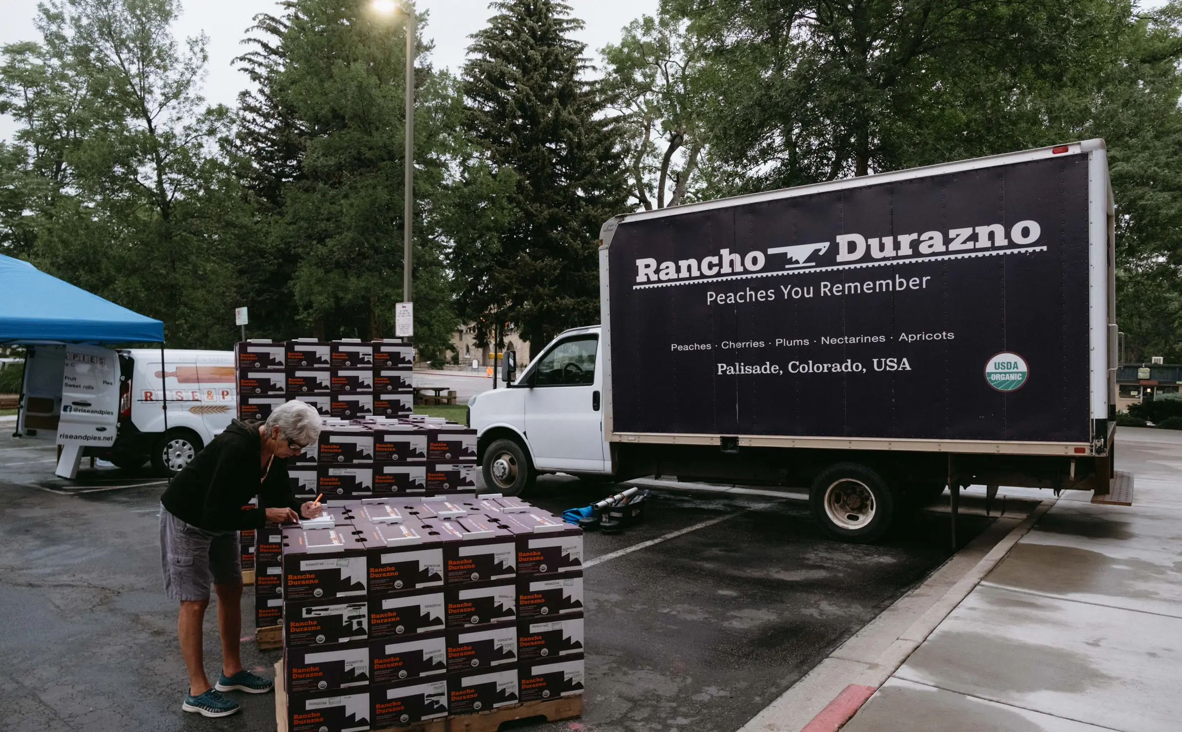 K-Lynn Cameron does an inventory of the peaches. Photo: Peter Vo, Rocky Mountain PBS